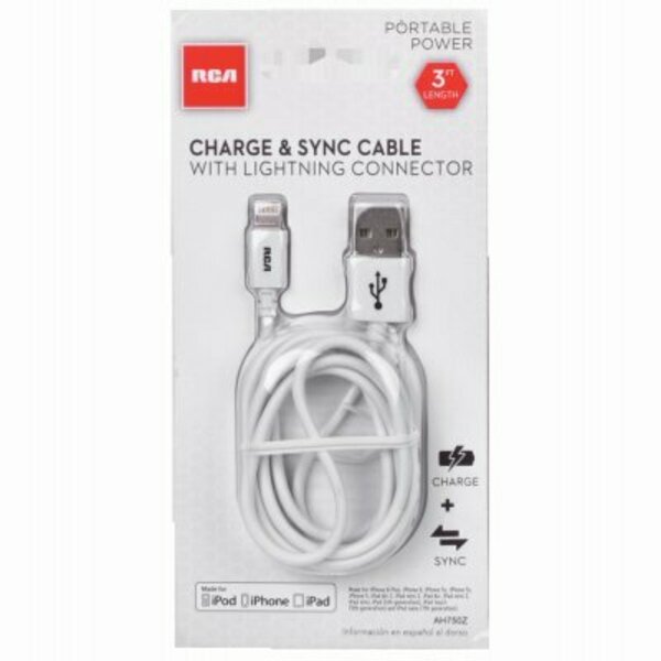 Audiovox RCA ARAH750Z Lightning Power and Sync Cable, Male, Male, White, 3 ft L JAH754V